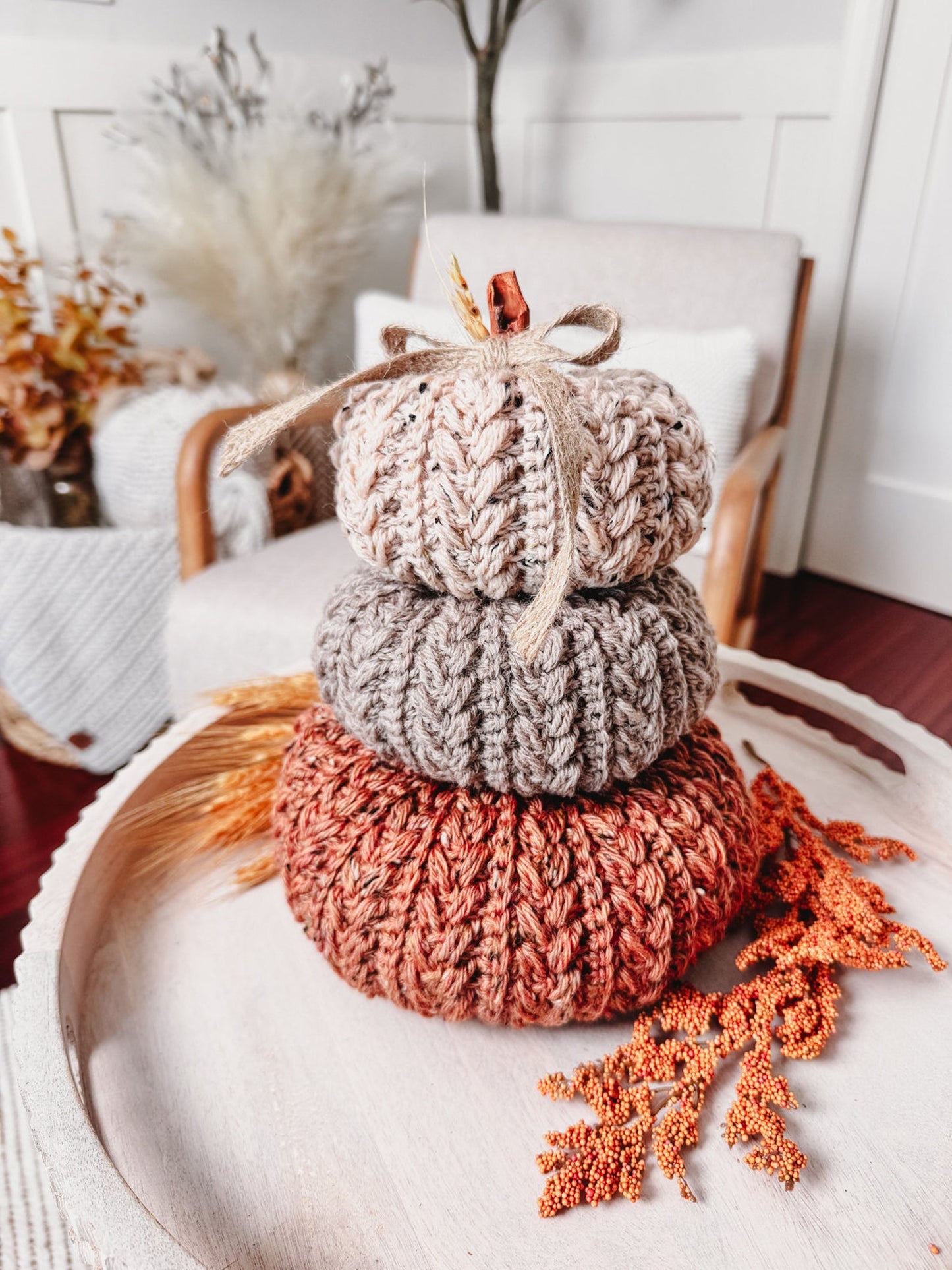 CROCHET PATTERN + VIDEO Pumpkin Spice Wheat Stitch Crochet Pumpkin Trio Pattern - Diy Fall Decor, Easy Stackable Pumpkins, Crocheted Flat.