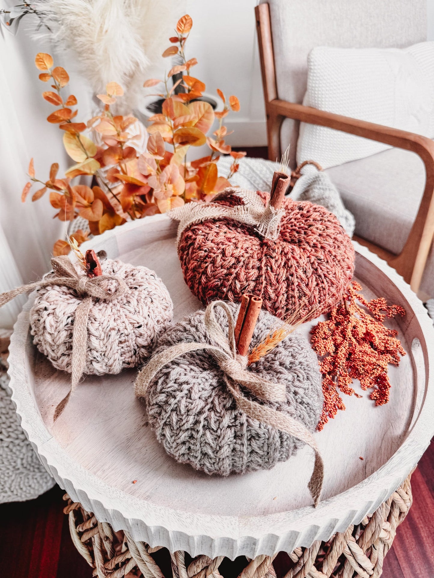 CROCHET PATTERN + VIDEO Pumpkin Spice Wheat Stitch Crochet Pumpkin Trio Pattern - Diy Fall Decor, Easy Stackable Pumpkins, Crocheted Flat.