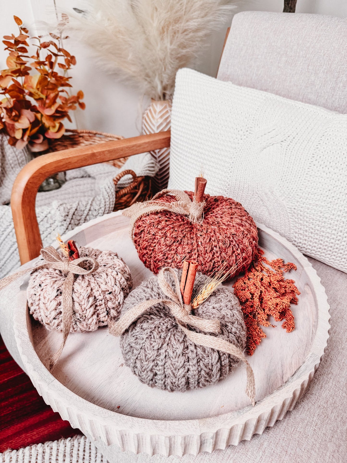 CROCHET PATTERN + VIDEO Pumpkin Spice Wheat Stitch Crochet Pumpkin Trio Pattern - Diy Fall Decor, Easy Stackable Pumpkins, Crocheted Flat.