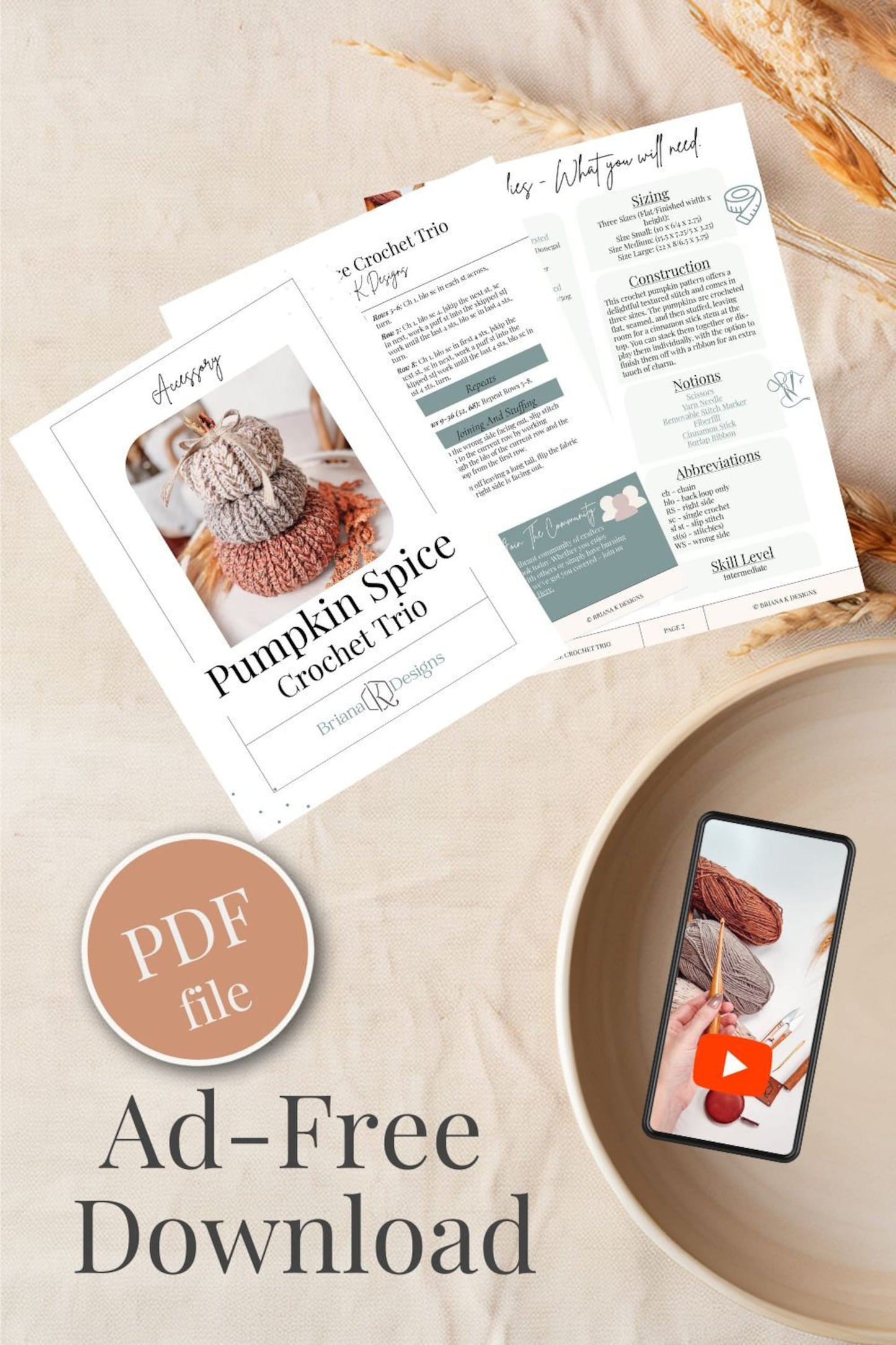 CROCHET PATTERN + VIDEO Pumpkin Spice Wheat Stitch Crochet Pumpkin Trio Pattern - Diy Fall Decor, Easy Stackable Pumpkins, Crocheted Flat.