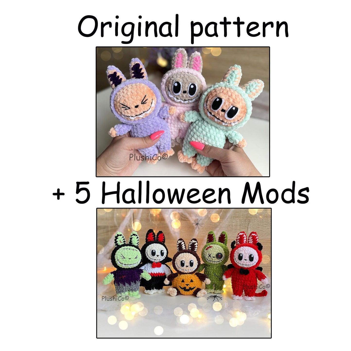 Labubu Crochet Pattern, Halloween Amigurumi Bunny Frankenstein, Dracula, Pumpkin, Zombie, Devil (PDF Tutorial)