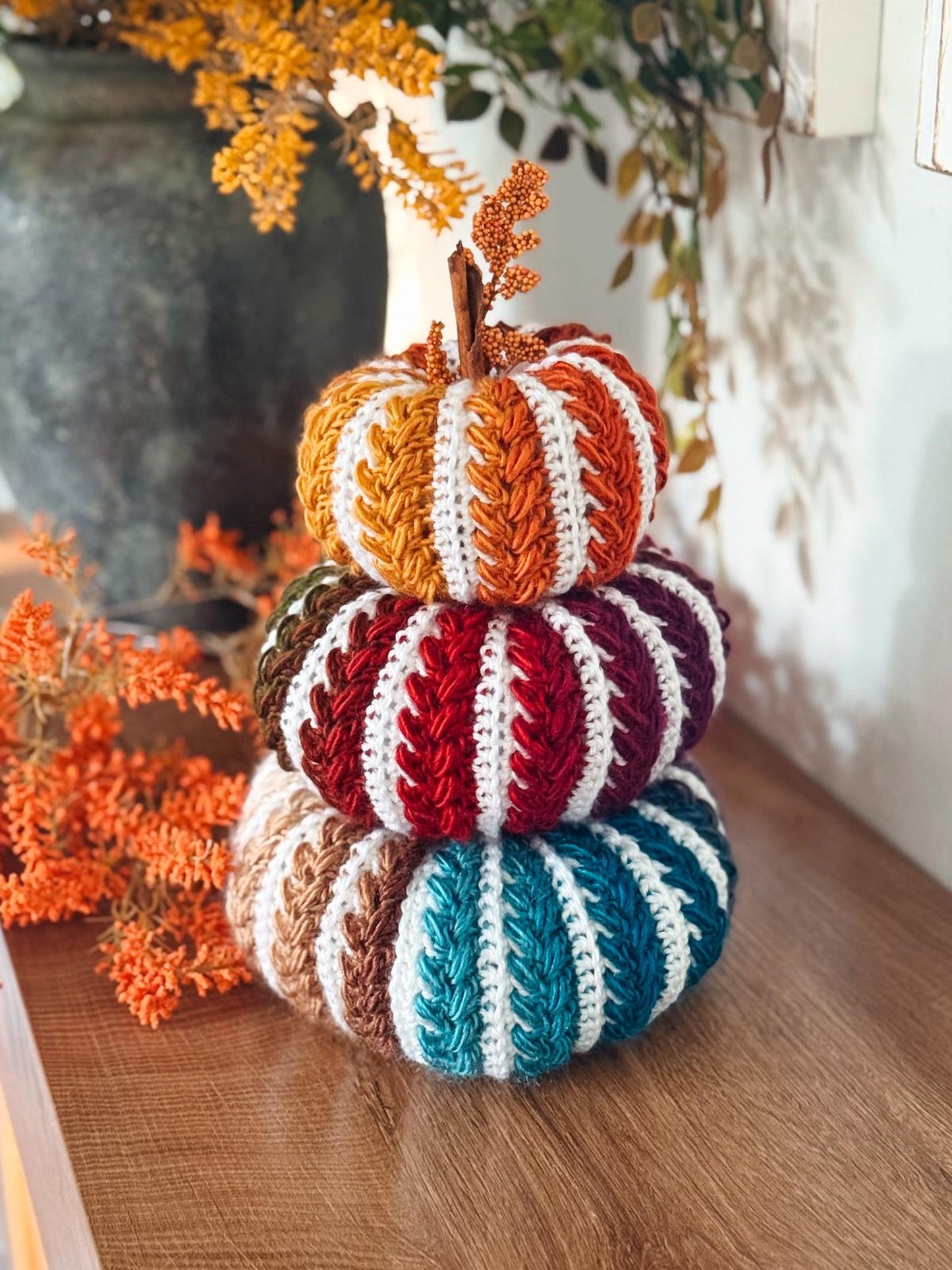 CROCHET PATTERN + VIDEO Pumpkin Spice Wheat Stitch Crochet Pumpkin Trio Pattern - Diy Fall Decor, Easy Stackable Pumpkins, Crocheted Flat.