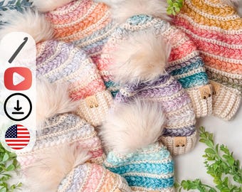 CROCHET PATTERN + VIDEO Snowy Wheat Puff Stitch Crochet Hat Pattern, Instant Download. Winter Beanie in 8 Size Newborn to Adult Crochet Flat
