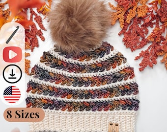 CROCHET PATTERN + VIDEO Snowy Wheat Puff Stitch Crochet Hat Pattern, Instant Download. Winter Beanie in 8 Size Newborn to Adult Crochet Flat