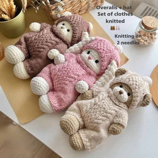 Bear & Bunny Bundle With Knitted Clothes Set