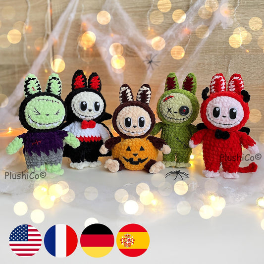 Labubu Crochet Pattern, Halloween Amigurumi Bunny Frankenstein, Dracula, Pumpkin, Zombie, Devil (PDF Tutorial)